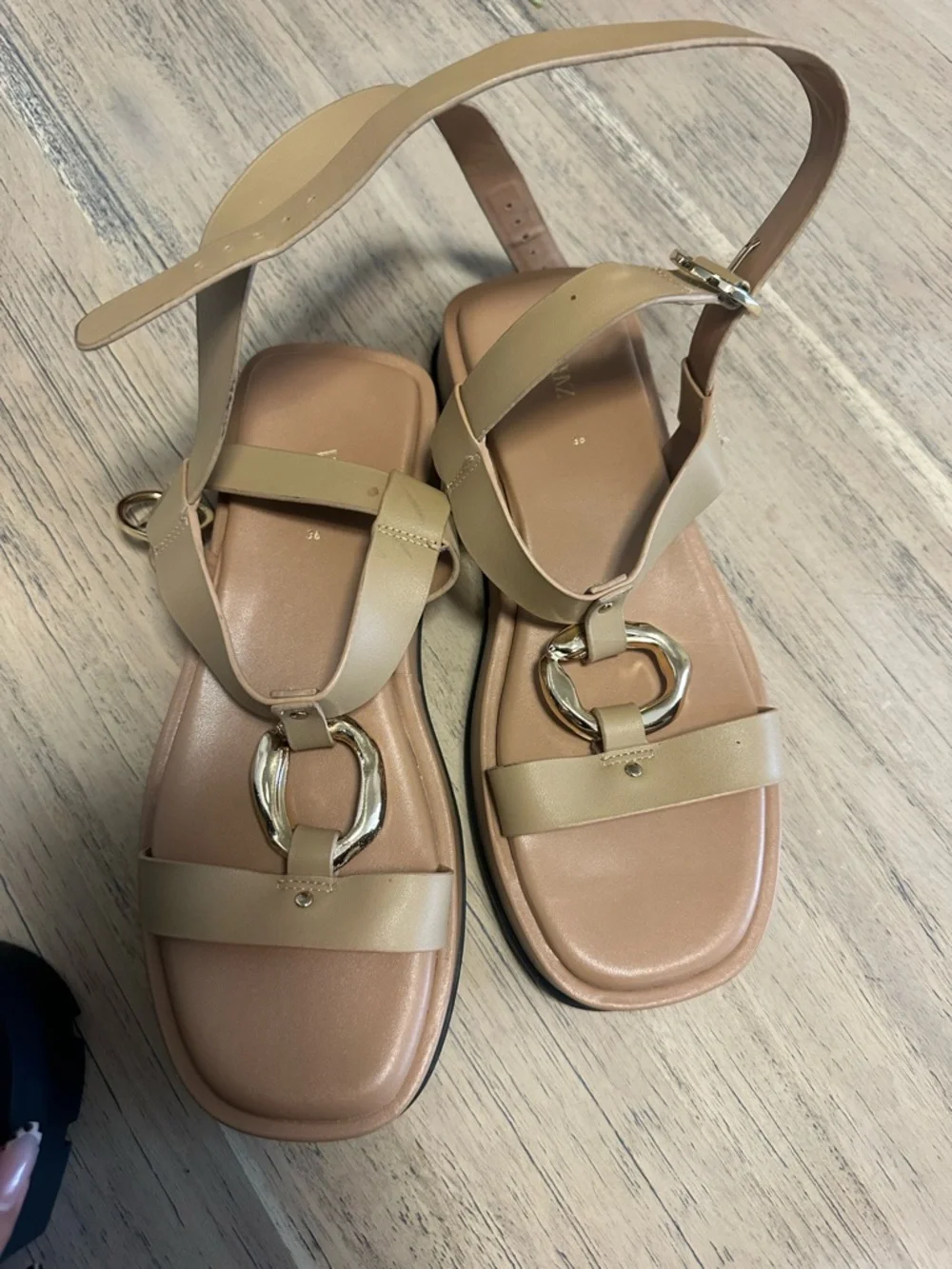 Zara Tan Platform Ankle-Strap Sandals with Gold Accent - Picture 2 of 7